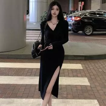 Y2k облегающее платье с капюшоном, женское осеннее повседневное платье с разрезом и капюшоном, корейская мода, Kpop, женские халаты с длинными рукавами S чёрный