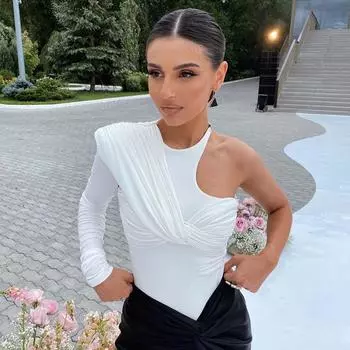 Y2K облегающий осенний сексуальный плиссированный комбинезон с длинными рукавами на одно плечо и половиной рукавов S чёрный