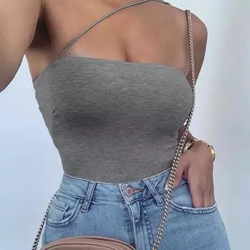 Y2K облегающий женский летний сексуальный комбинезон без бретелек на одно плечо с открытыми плечами, однотонный топ с открытой спиной S серый