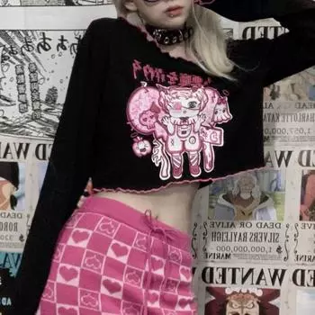 Y2k одежда, японские топы в стиле Харадзюку, уличные топы с круглым вырезом в полоску, контрастные цвета, футболки с длинными рукавами, женские футболки с мультяшным принтом M