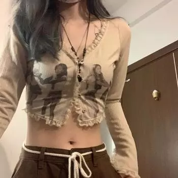 Y2k одежда ретро кампусный стиль принт тонкий с длинными рукавами летний дизайн кружевной короткий кардиган топ гранж одежда Ropa Mujer S бежевый
