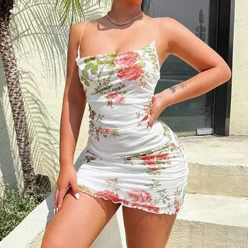 Y2K одежда с цветочным принтом женское мини-платье с сетчатым ремешком и рюшами облегающее сексуальное уличное платье для вечеринок и клубов элегантное винтажное новое платье S белый