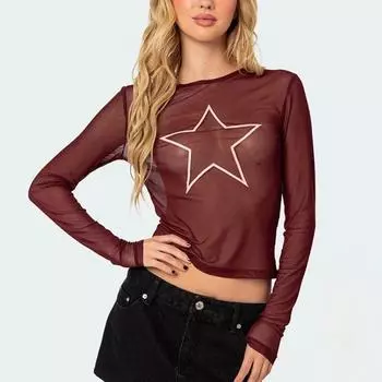 Y2K однотонная полупрозрачная футболка с узором, женская рубашка с длинными рукавами, тонкая уличная одежда для отдыха с горячей сексуальной одеждой для девочек S красный