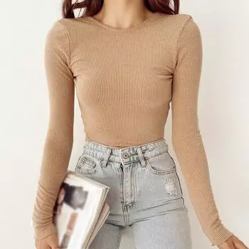 Y2K однотонные женские тонкие футболки с длинными рукавами и круглым вырезом с открытой спиной и цепочкой, базовый топ, женские топы S хаки