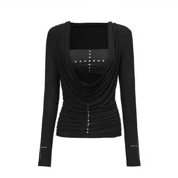 Y2k Панк Топы из двух частей Иррегулярные топы с заклепками + Безрукавная майка Уличная одежда Американский Ретро 90-е Черные футболки Топы E-girls S чёрный