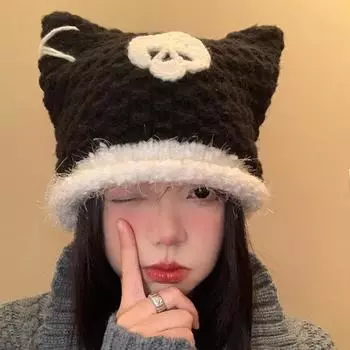 Y2k персонализированные вязаные шапки с черепом для женщин осень и зима забавные милые ручные кошачьи ушки показать лицо маленькие теплые шапки-бини 56-58cm чёрный