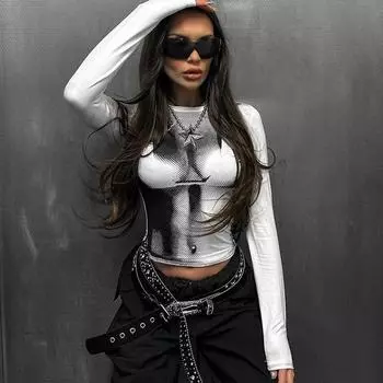 Y2K персонализированный модный сексуальный универсальный топ с принтом с круглым вырезом и длинными рукавами S серый