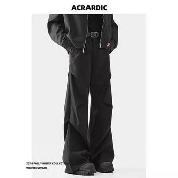 Y2k плиссированные черные брюки женские корейские модные мешковатые японские брюки в стиле Харадзюку винтажные офисные женские M чёрный