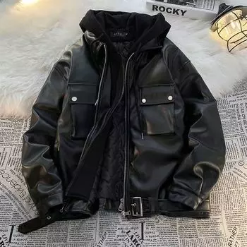 Y2k поддельная двухсекционная кожаная куртка с капюшоном женская осень-зима новинка модный дизайн пальто американское ретро повседневная свободная одежда для пар M чёрный