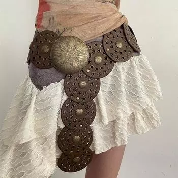 Y2k пояс с декоративным диском, американский винтажный пояс для субкультуры, женский пояс для сотни One Size кофейный