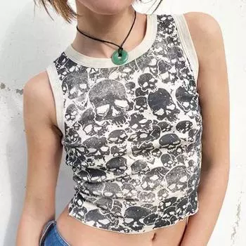 Y2K принт черепа пикантная девушка с открытым пупком облегающий короткий топ жилет для женщин на лето S белый