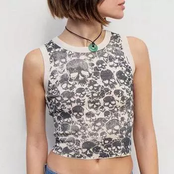 Y2K принт черепа пикантная девушка с открытым пупком облегающий короткий топ жилет для женщин на лето S белый