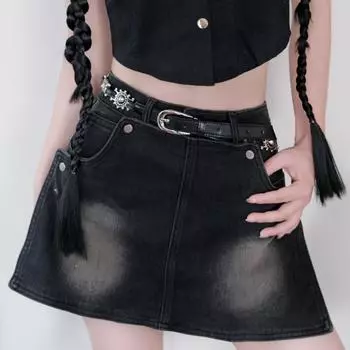 Y2K PU кожаный ремень с гравировкой тонкий ремень панк ковбойский пояс женский чёрный