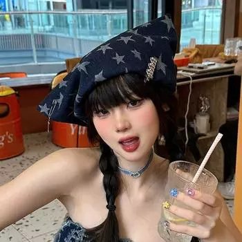 Y2K Pullover Hat Star Cat Ear Beanie Cap Soft Denim Hat Outdoor темно-синий