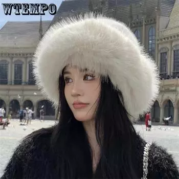 Y2k пушистая Панама из искусственного меха женская теплая толстая плюшевая зимняя шапка с кроличьим мехом женская роскошная модная вечерние панама в рыбацком стиле ONE SIZE белый