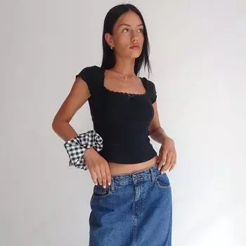 Y2k Ретро хлопковая трикотажная футболка с кружевными краями, летняя футболка с квадратным вырезом и короткими рукавами, женский белый топ S чёрный