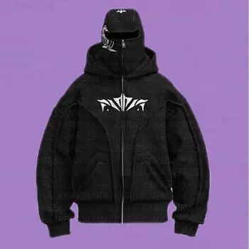 Y2K ретро-принт с рисунком двойной шапки, морозостойкая конструкция, толстовка с капюшоном на молнии для мужчин и женщин M