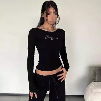 Y2K ретро-стиль острая девушка с надписью hot diamond низкий вырез короткий вырез открытый пупок черный топ для женщин S чёрный