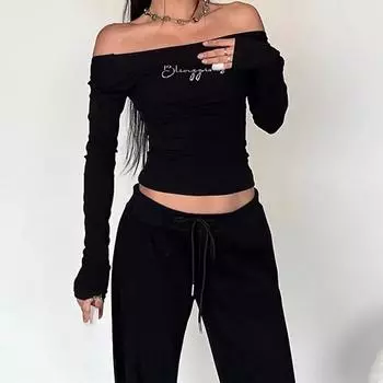 Y2K ретро-стиль острая девушка с надписью hot diamond низкий вырез короткий вырез открытый пупок черный топ для женщин S чёрный