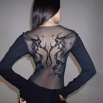 Y2K ретро-стиль уличной моды с принтом в готическом стиле в стиле панк, облегающий сексуальный прозрачный сетчатый топ с длинными рукавами S чёрный