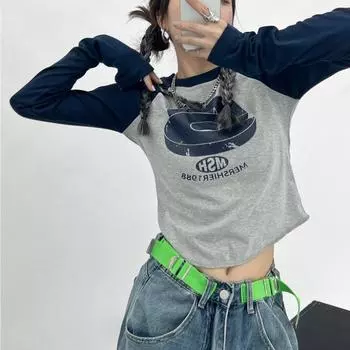 Y2K ретро женская осенняя модель с принтом и круглым вырезом, облегающий крой, топ-тренд M абрикосовый