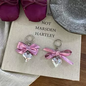 Y2K розово-красный бант лента брелок 3D серебряный кулон для телефона с любовью чехол для наушников сумка-подвеска декоративный автомобильный брелок as the picture
