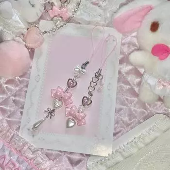 Y2K розовый бант сердце бисерный брелок милый мобильный телефон шнурок свежий универсальный кулон сумка кошелек подвесное украшение Left