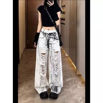 Y2K рваные мешковатые японские джинсовые брюки 2000-х годов женские повседневные стираные винтажные брюки женские уличные ретро дрянные джинсы с высокой талией S белый