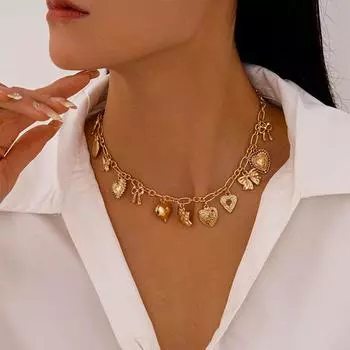 Y2k Сердце Подвеска Ожерелье Бантик Милый Чокер Личность Металлическое Ожерелье Вечеринка серебряный