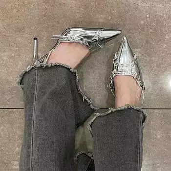 Y2K серебряные босоножки на высоком каблуке, женские туфли в стиле панк, готика, вечерние туфли с острым носком, женские модельные туфли-лодочки на тонком каблуке цвета металлик, женские туфли-лодочки 35 серебряный