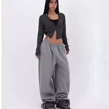 Y2k Серые спортивные штаны Женские винтажные хип-хоп корейские повседневные спортивные брюки свободного покроя Harajuku America Retro брюки S чёрный