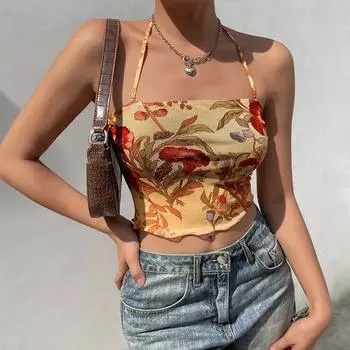 Y2K сетчатая прозрачная футболка с цветочным принтом, винтажные топы с бретельками на шее, женские облегающие укороченные топы без рукавов, уличная одежда в стиле Харадзюку S жёлтый