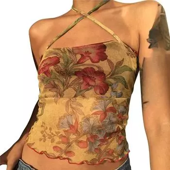 Y2K сетчатая прозрачная футболка с цветочным принтом E-girl 90-х годов винтажные топы-халтер женские без рукавов облегающий укороченный топ Harajuku уличная одежда S жёлтый
