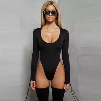 Y2K Сексуальная облегающая уличная одежда с длинными рукавами Y2k Повседневный облегающий базовый комбинезон в стиле ретро Y2K S чёрный