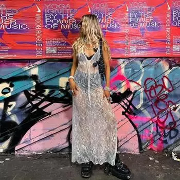 Y2k сексуальное кружевное цветочное прозрачное платье-комбинация для вечеринок и клубов, вечерние платья для женщин, весна-лето, пляжное повседневное длинное платье-накидка S