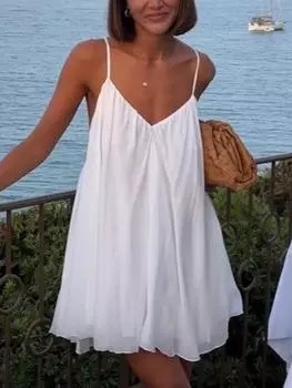 Y2k сексуальное пышное плиссированное мини-платье с открытой спиной, женское элегантное пляжное короткое платье без рукавов с v-образным вырезом, модное шикарное вечернее платье трапециевидной формы M белый