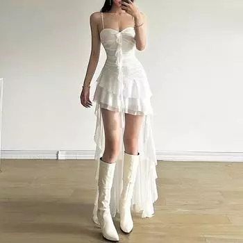 Y2k сексуальное сетчатое платье с рюшами нестандартной формы, высокое и низкое, белое, черное, длинные платья без рукавов, летняя одежда для женщин 2024 M чёрный