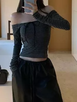 Y2k сексуальные прямые футболки на шнуровке женские осенние винтажные длинные рукава облегающие корейские шикарные топы с открытыми плечами в полоску новые S серый