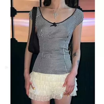 Y2k сексуальные уличные футболки женские американские ретро винтажные Харадзюку полосатые кружева пэчворк бант тонкие футболки топы лето S чёрный