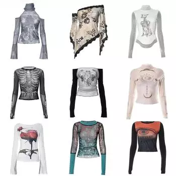 Y2K Sexy Lace Mesh See Through T-Shirts Goth Graphic Print Long Sleeve Knit Patchwork Tops Vintage Women Summer Streetwear S
