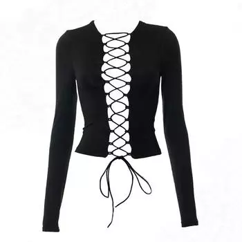 Y2K Sexy Street Spicy Girl с полым галстуком, облегающий короткий топ с футболкой с подкладкой S чёрный