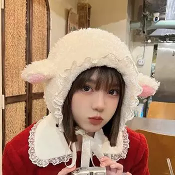 Y2K Шапки из овечьей шерсти Ремни Защитная шапка для ушей Купол Шапка с овечьими ушками Плюшевая шапка для девочек белый