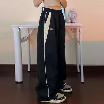 Y2k Широкие брюки-карго женские повседневные свободные брюки на шнурке уличная одежда хип-хоп спортивные брюки 2024 женская винтажная уличная одежда M чёрный