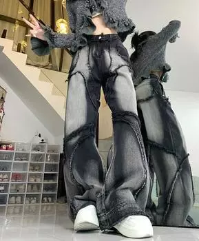 Y2K широкие джинсы женские хип-хоп стиль мода винтаж уличная одежда черные джинсы с высокой талией женские брюки мешковатые джинсовые брюки S чёрный