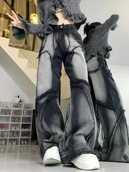Y2K широкие джинсы женские хип-хоп стиль мода винтаж уличная одежда черные джинсы с высокой талией женские брюки мешковатые джинсовые брюки S чёрный
