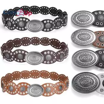 Y2K широкий женский ремень ретро-стиль Wasteland с овальным глазом и резным цветком на талии 106*6cm чёрный