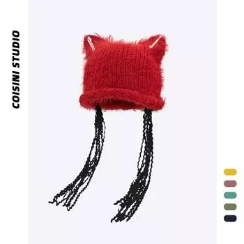 Y2K Симпатичные шапки-бини с кошачьими ушками и бахромой для женщин Осень-зима Путешествия Чтобы сохранить тепло и модная универсальная плюшевая вязаная шапка 56-58cm бежевый