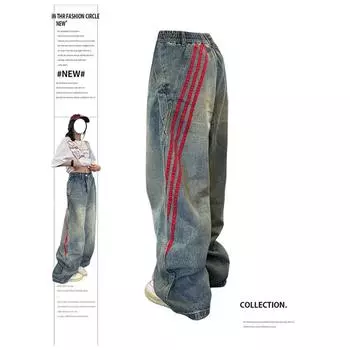 Y2K синие джинсы для женщин, высокое качество, высокая талия, американские уличные широкие брюки в стиле хип-хоп, винтажные прямые летние брюки 2024 г. S синий