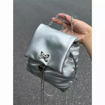Y2K сладкий и пряный рюкзак-бабочка нишевый высококачественный серебристый маленький рюкзак для девочек из мерсеризованной кожи повседневный школьный рюкзак bag + chain shoulder strap серебряный