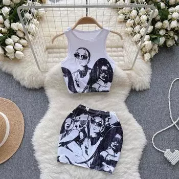 Y2k Slim Sexy High Street Двух кусочков Women o Secteveless Tops + Hight Taist Short юбка Женская лоскутная модная печь для печати уличной одежды 2024 S белый
